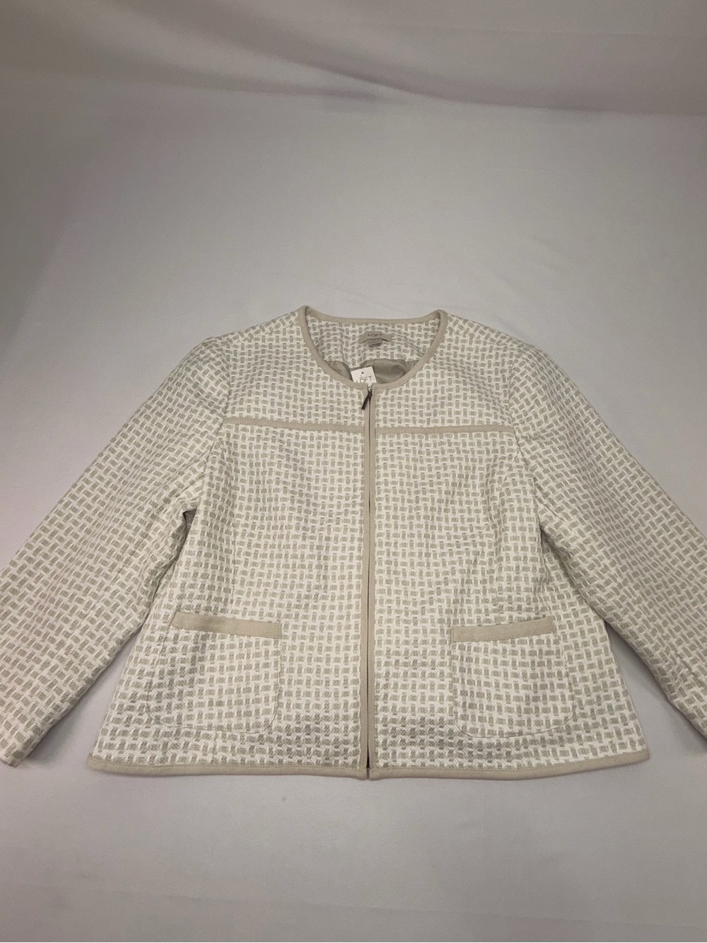 LOFT Womens XL Jacket NWT Ivory Beige Textured Collarless Zip Front Blazer